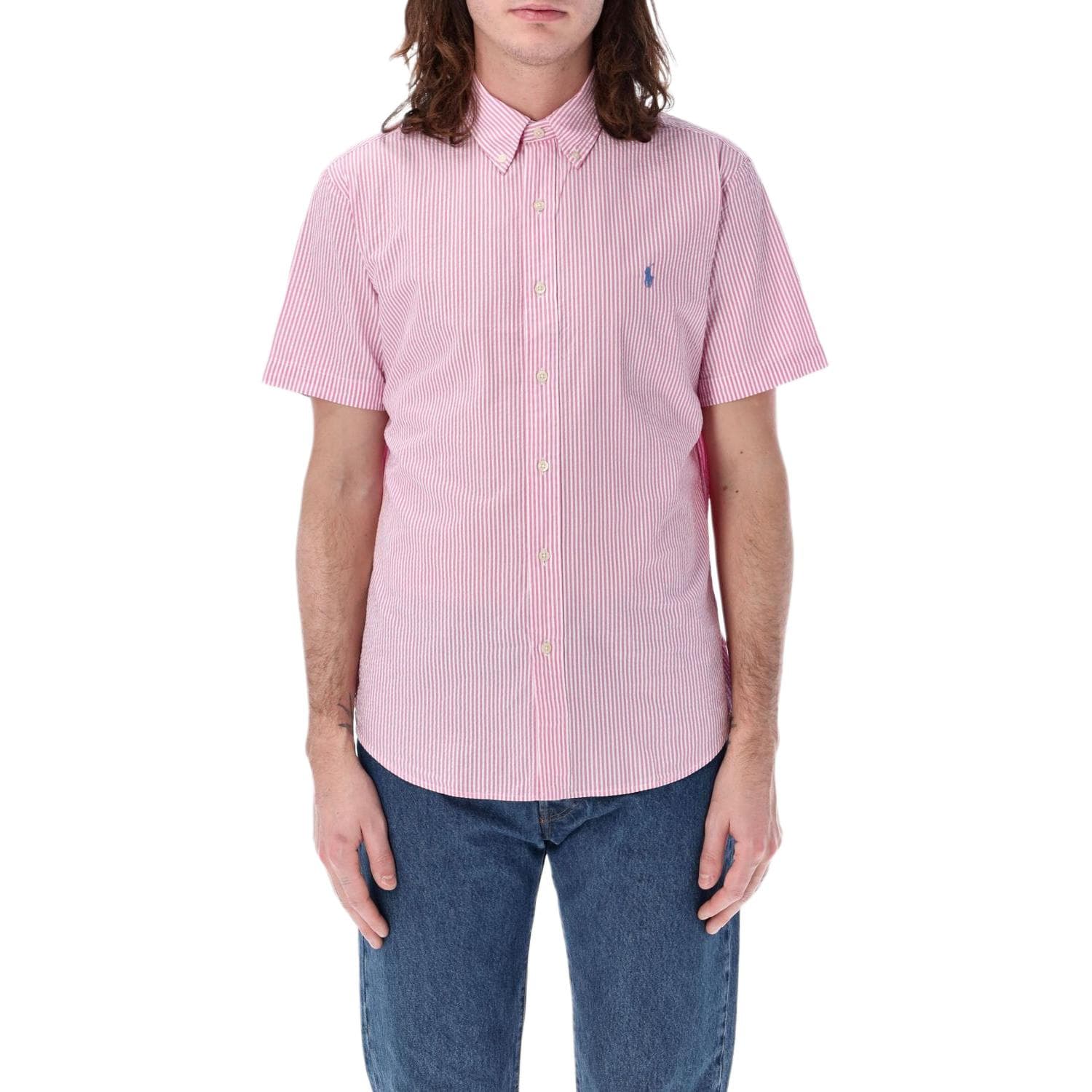 Рубашка Polo Ralph Lauren Striped Pony Logo Linen Shirt Pink — фото 3