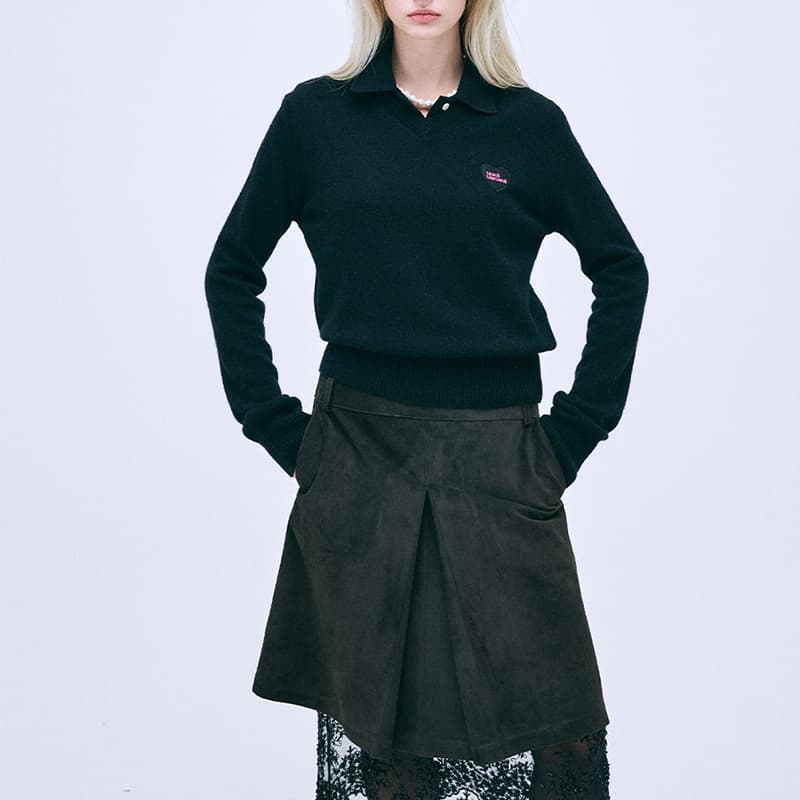 Кардиган MARDI MERCREDI FW24 Енот Смешанный V-образный вырез Сердце Логотип_Черный Свитер Корейский стиль Женский Черный - изображение 2