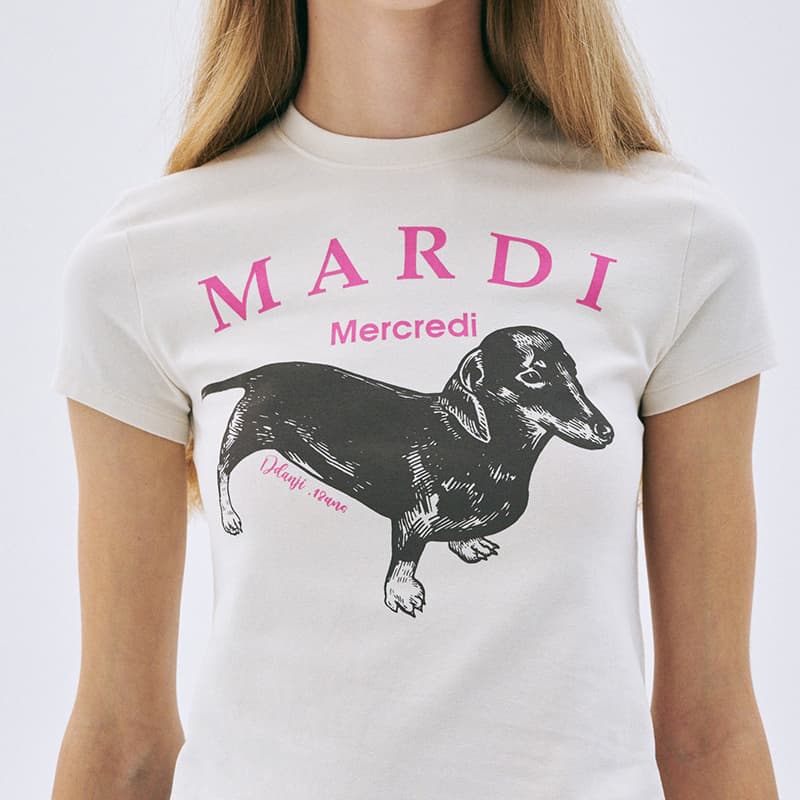 MARDI MERCREDI Dachshund Puppy SS25 T Рубашка Корейский стиль Женская Белая Розовая - изображение 6