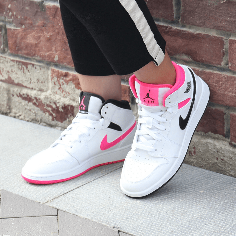 Кроссовки для баскетбола Jordan Air Jordan 1 Mid White Black Hyper Pink GS - изображение 4