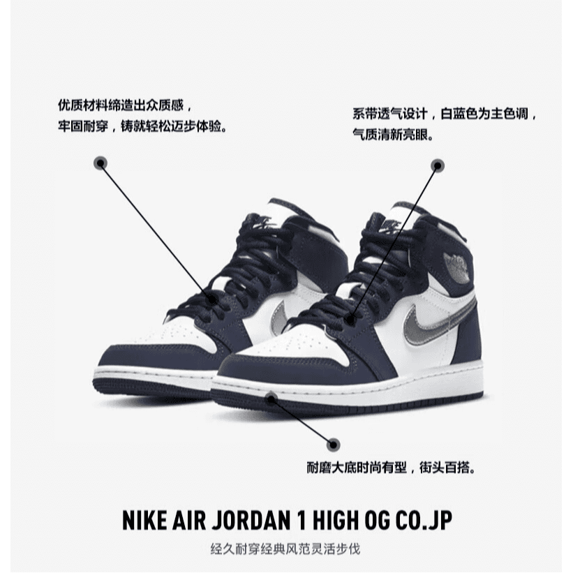 Кроссовки для баскетбола Jordan Air Jordan 1 High OG CO JP "Midnight Navy" GS - изображение 2
