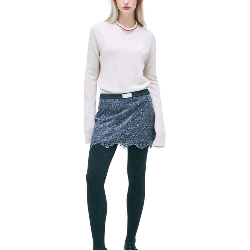 Кардиган MARDI MERCREDI FW24 Енот Смешанный V-образный вырез Сатин ПикЛак Сливочный Свитер Корейский стиль Женский Сливочный - изображение 3