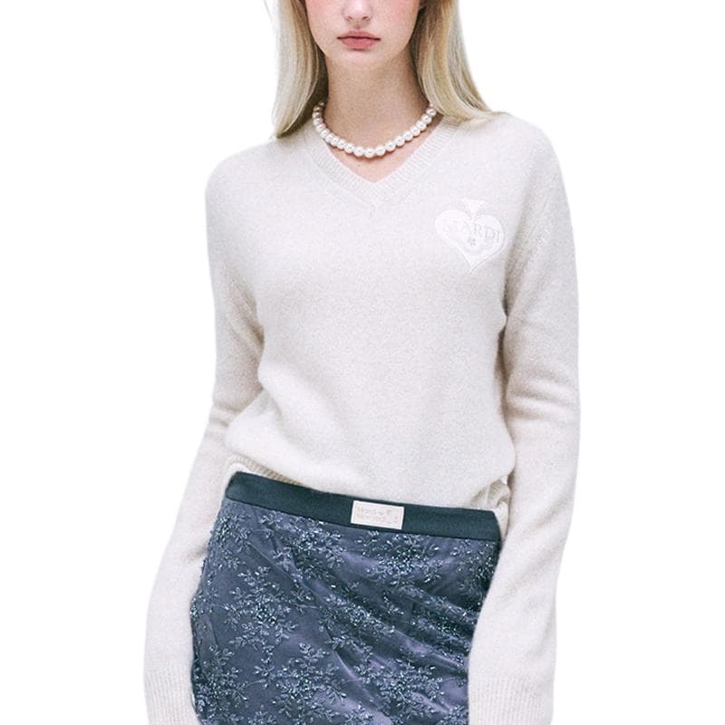 Кардиган MARDI MERCREDI FW24 Енот Смешанный V-образный вырез Сатин ПикЛак Сливочный Свитер Корейский стиль Женский Сливочный - изображение 4