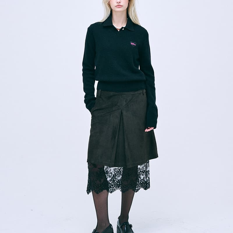 Кардиган MARDI MERCREDI FW24 Енот Смешанный V-образный вырез Сердце Логотип_Черный Свитер Корейский стиль Женский Черный - изображение 3