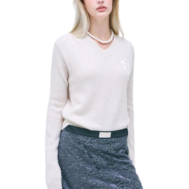 Кардиган MARDI MERCREDI FW24 Енот Смешанный V-образный вырез Сатин ПикЛак Сливочный Свитер Корейский стиль Женский Сливочный - изображение 5