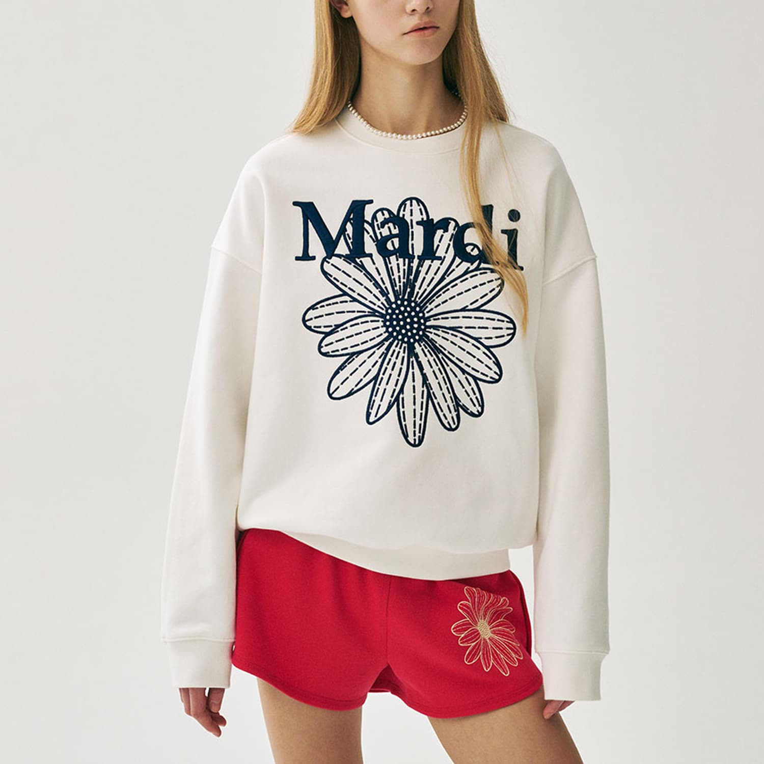 Худи MARDI MERCREDI SS25 Толстовка Цветочная вышивка букв Круглый вырез Длинные рукава Корейский стиль Женское - изображение 6