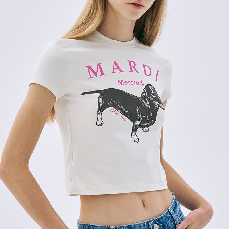 MARDI MERCREDI Dachshund Puppy SS25 T Рубашка Корейский стиль Женская Белая Розовая - изображение 5