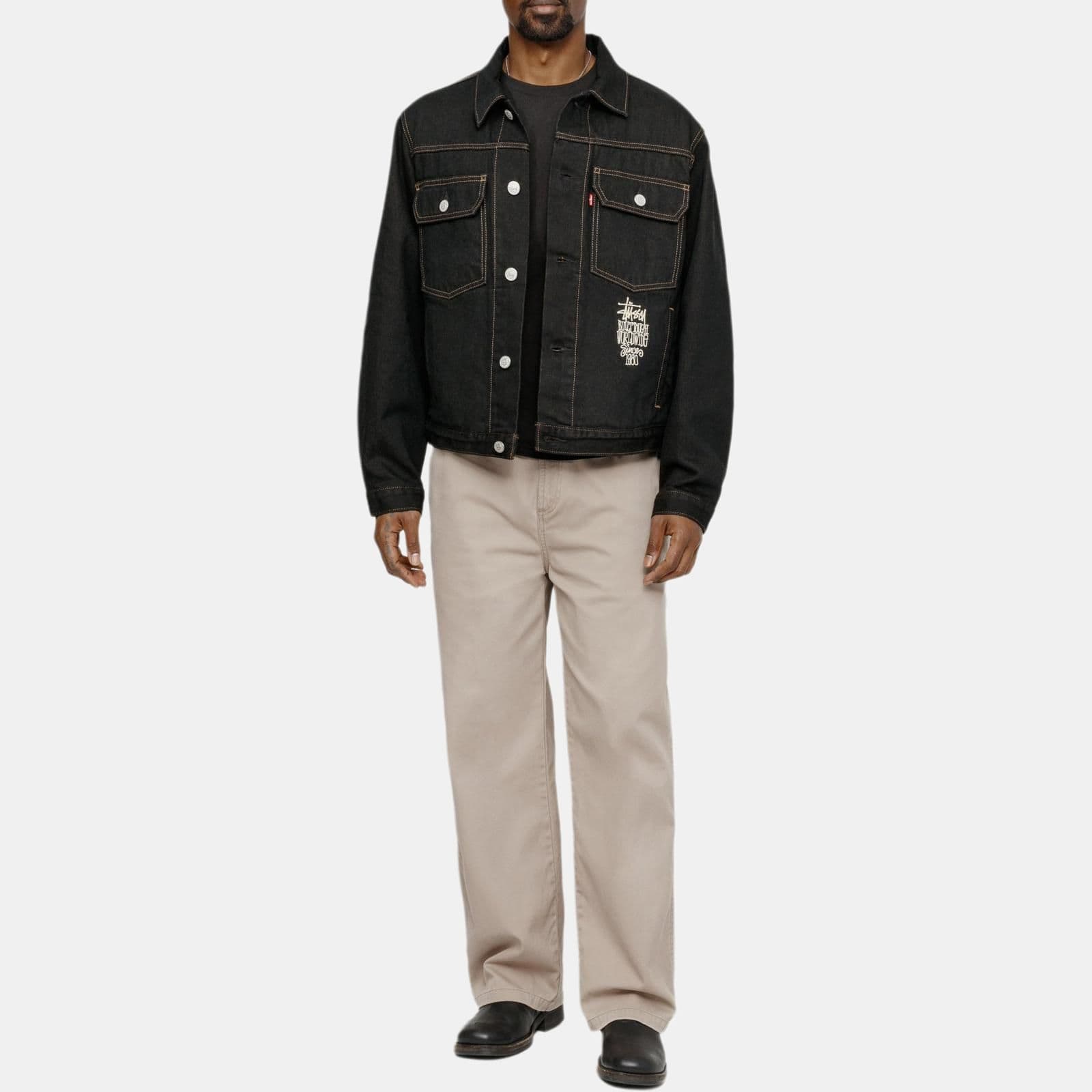 Джинсовая куртка Stussy x Levi's SS24 Logo Embroidered Trucker Jacket Black - изображение 5