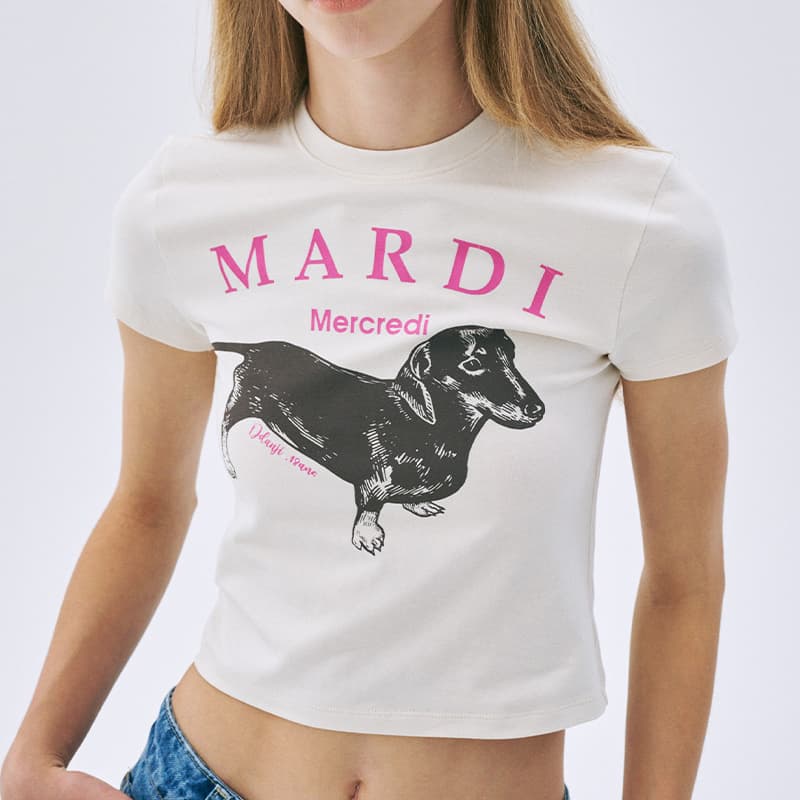 MARDI MERCREDI Dachshund Puppy SS25 T Рубашка Корейский стиль Женская Белая Розовая - изображение 4