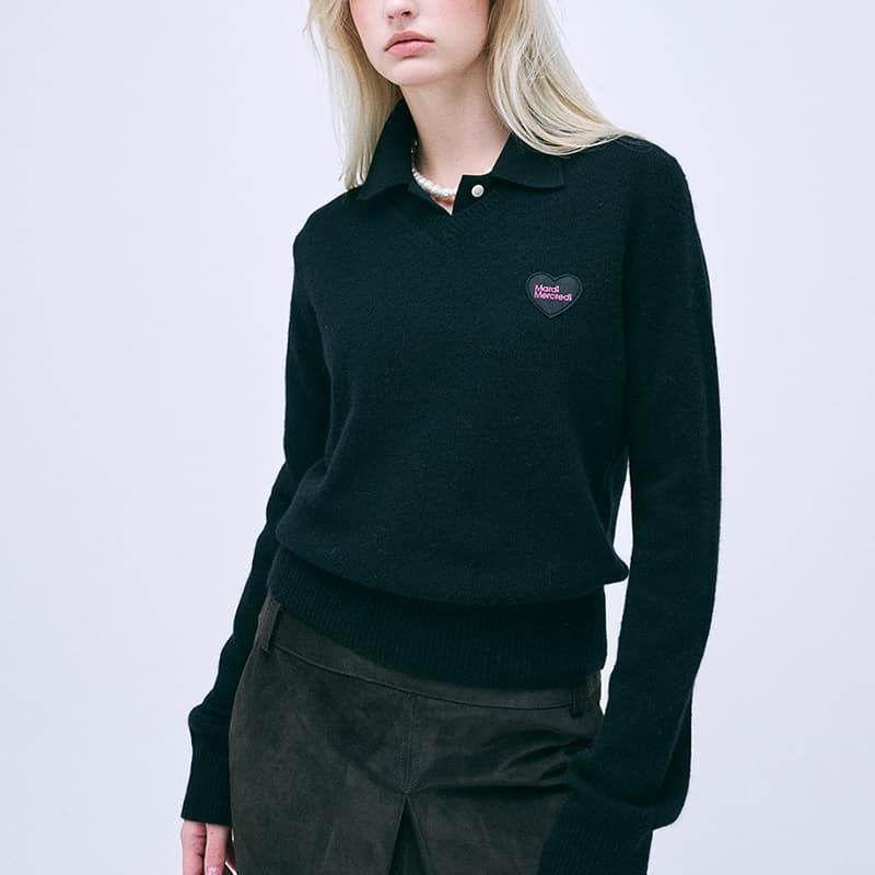 Кардиган MARDI MERCREDI FW24 Енот Смешанный V-образный вырез Сердце Логотип_Черный Свитер Корейский стиль Женский Черный - изображение 4