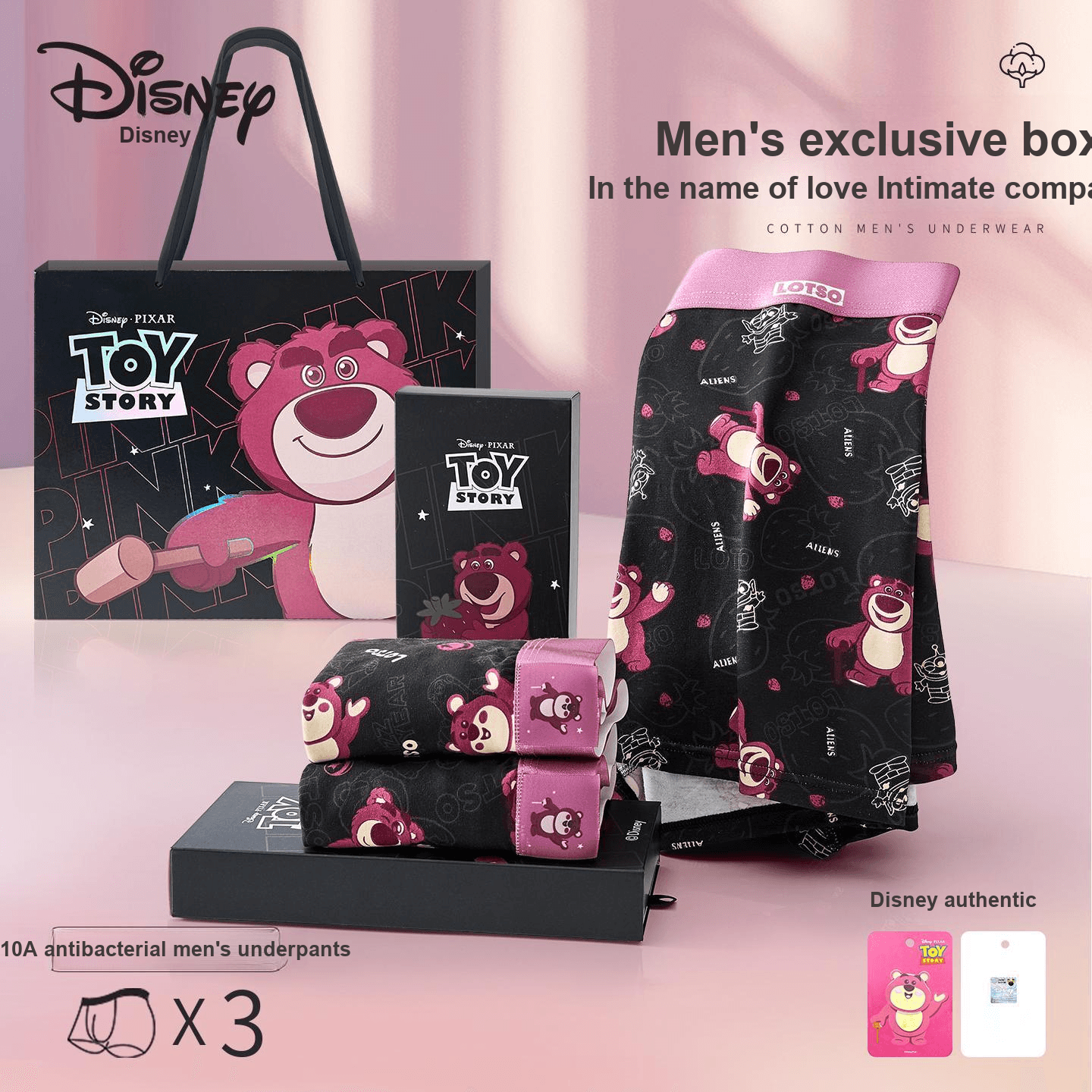 Трусы Disney Strawberry Bear Series DSN040# Лотсо Черный Розовый Настольный Сумка для покупок 3 шт Мужские Боксеры - изображение 2