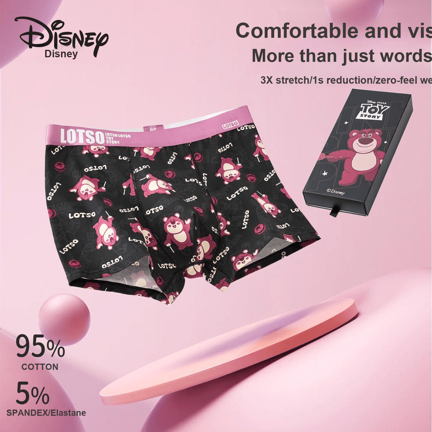 Трусы Disney Strawberry Bear Series DSN040# Лотсо Черный Розовый Настольный Сумка для покупок 3 шт Мужские Боксеры - изображение 4