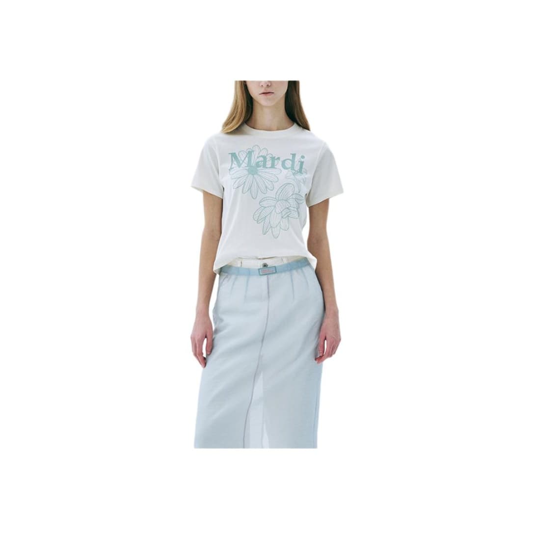 Футболка MARDI MERCREDI Three Flowers Collection T-рубашка Женская Кремовая Текстура Мох Зеленый Корейский стиль - изображение 1