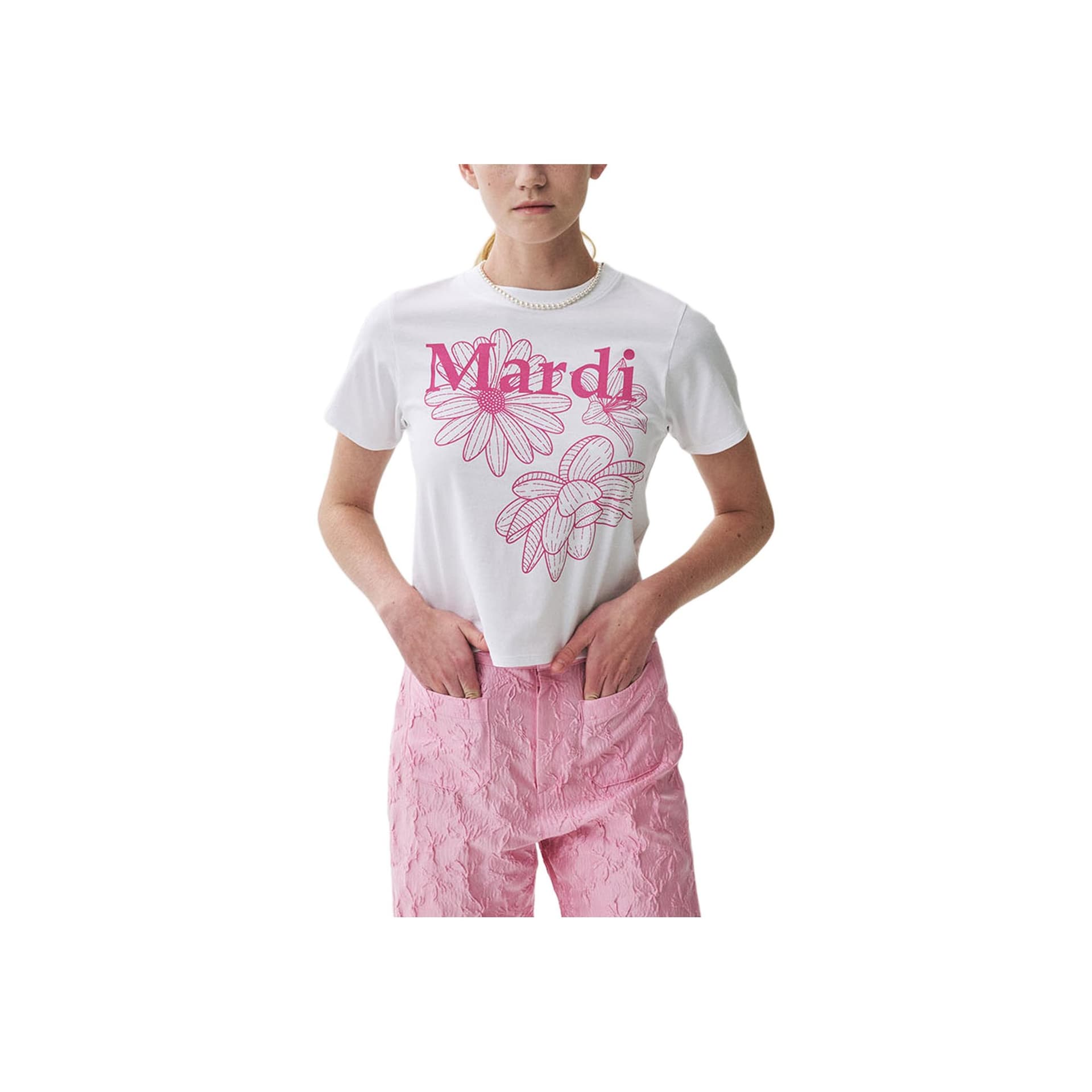 Футболка MARDI MERCREDI Three Flowers Collection SS25 T Рубашка Женская Белая Розовая Корейский стиль - изображение 1