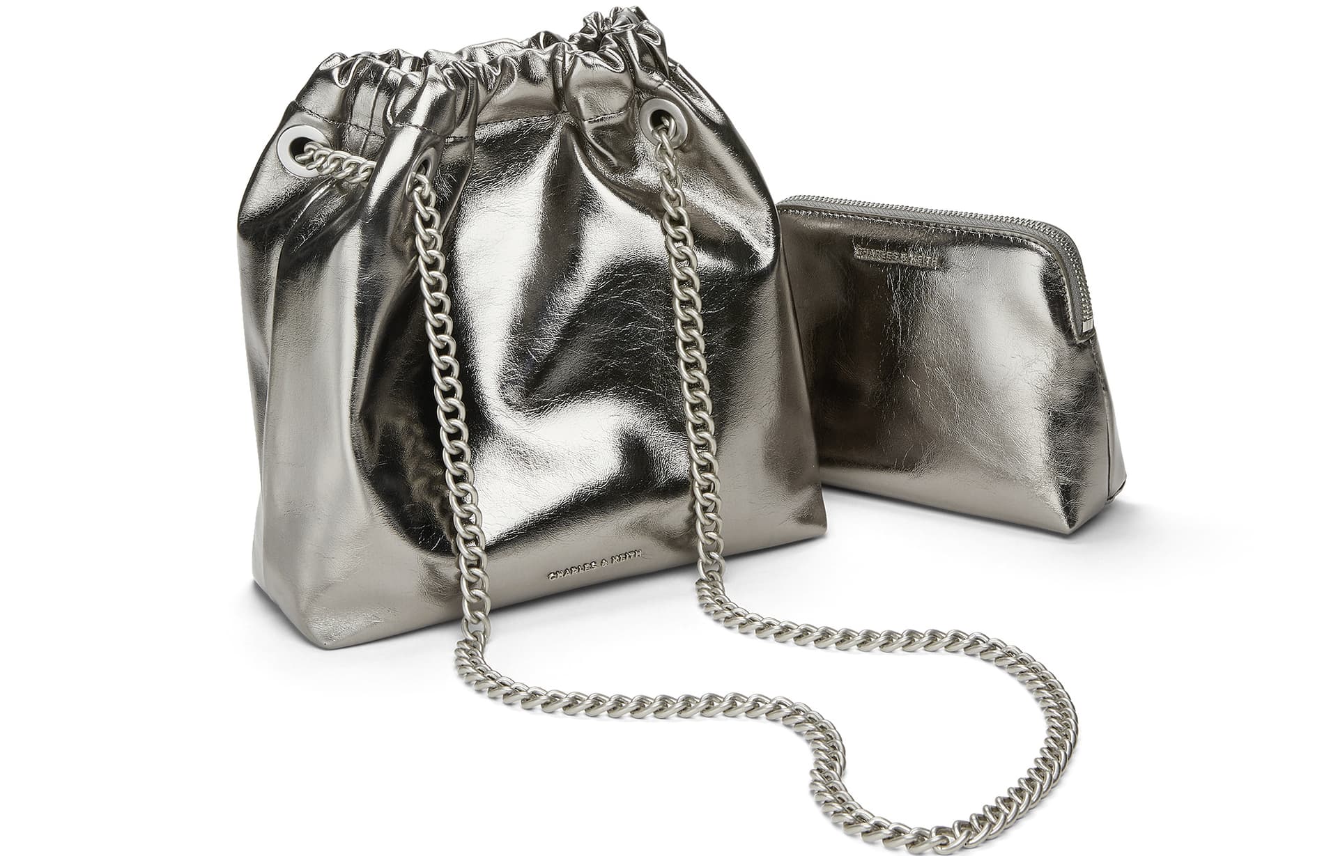 Сумка через плечо CHARLES&KEITH Сумка через плечо среднего размера для женщин в стиле хобо и ведрообразная с цепочкой и шнурком Черный/Кремово-молочный белый/Оловянно-серый - изображение 3