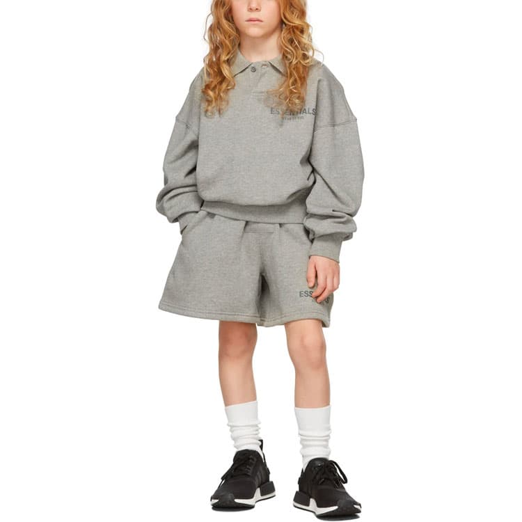 Кофта Fear of God Essentials FW21 Kids Grey French Terry Long Sleeve Polo Heather oatmeal Polo - изображение 4