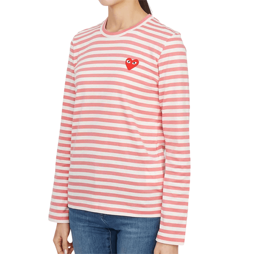 Кофта CDG Play Striped Heart Long Sleeve Tee Pink — фото 2