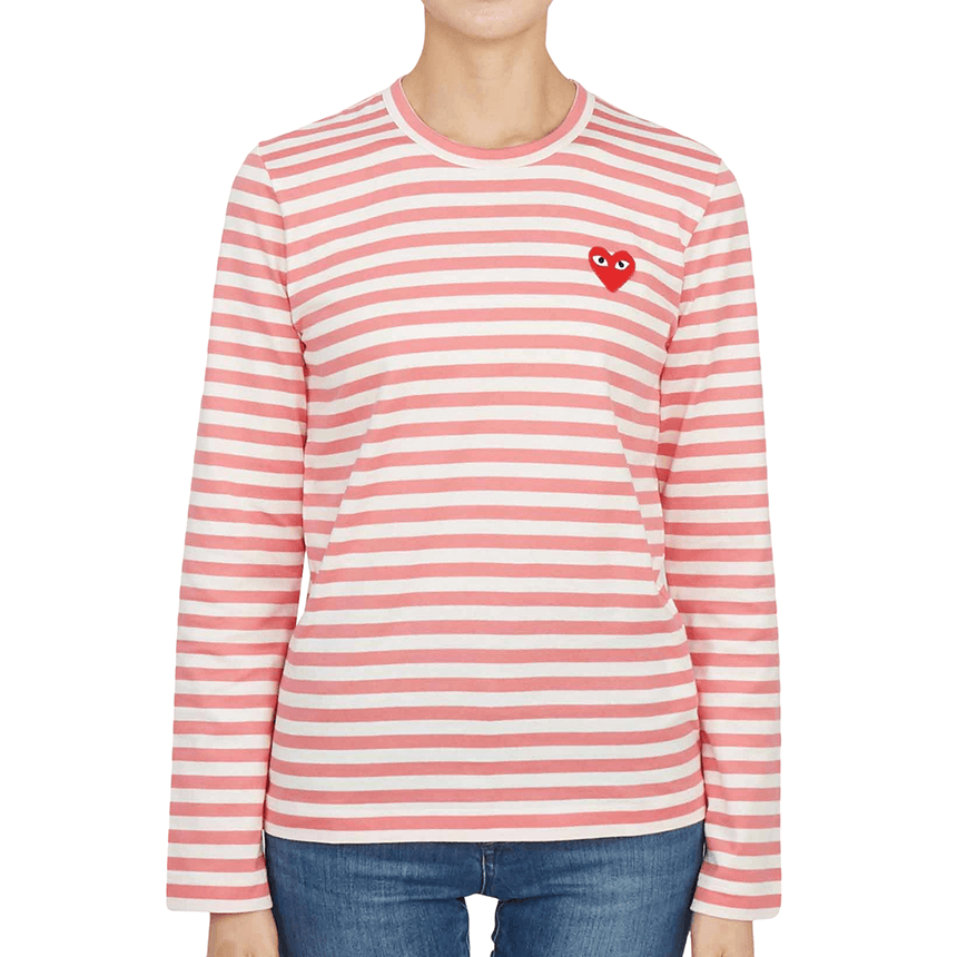 Кофта CDG Play Striped Heart Long Sleeve Tee Pink — фото 3