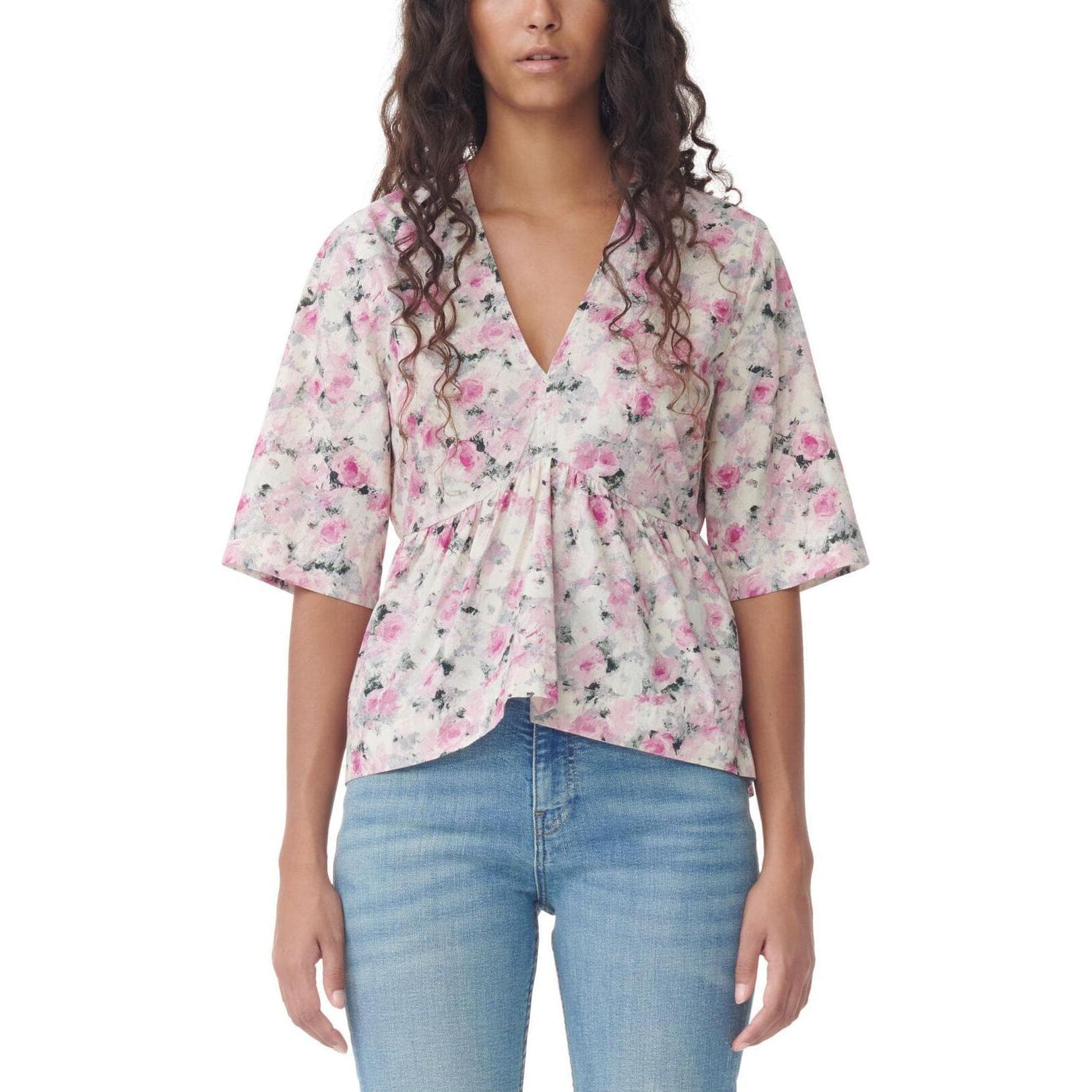 Блузка GANNI Printed Cotton V-Neck Peplum Blouse V - изображение 6