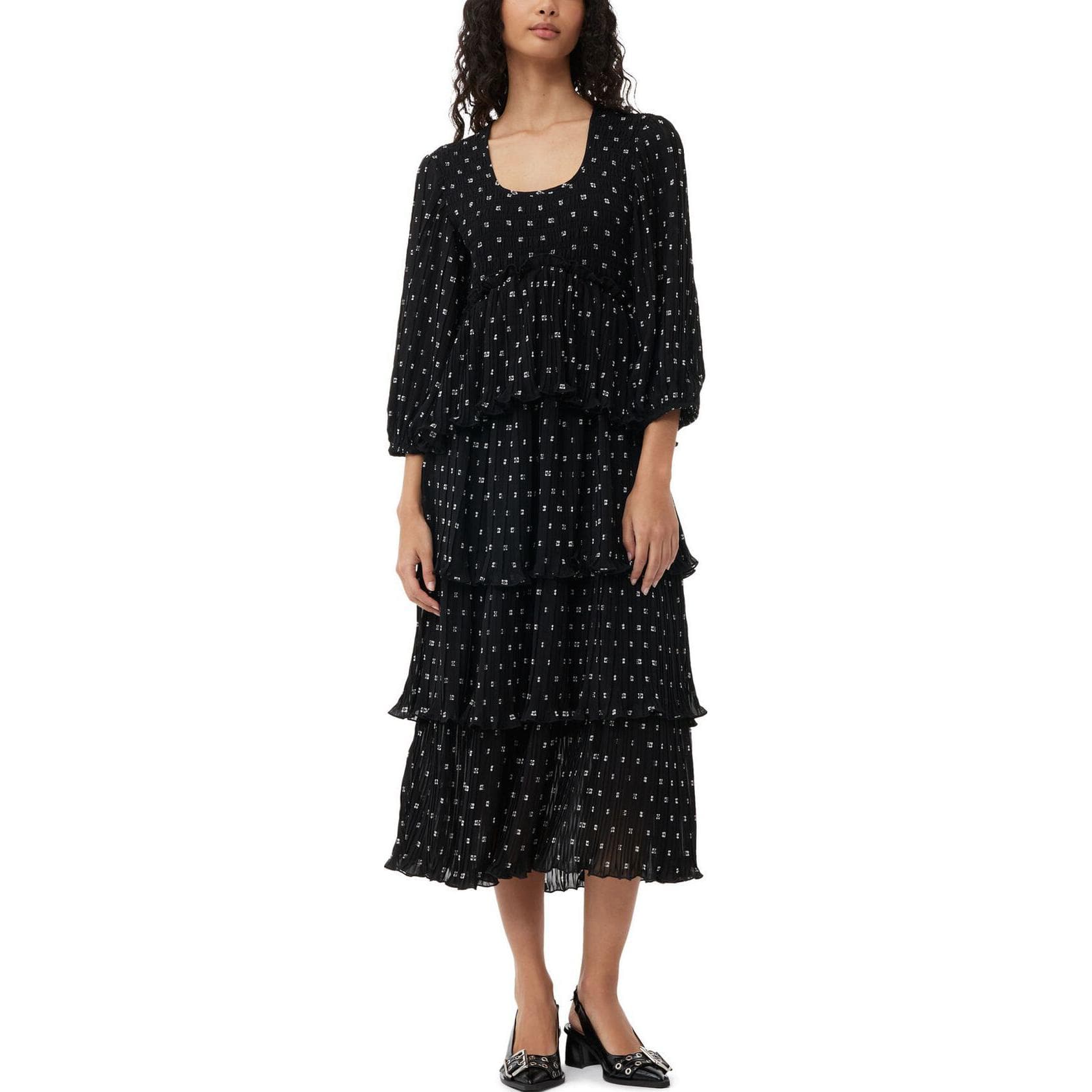 Платье GANNI Black Pleated Georgette Flounce Smock Midi Dress - изображение 3