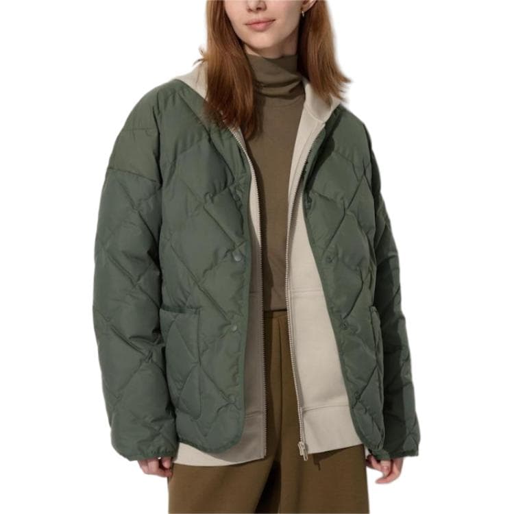 UNIQLO Хлопковый пуховик женский темно-оливковый - изображение 2