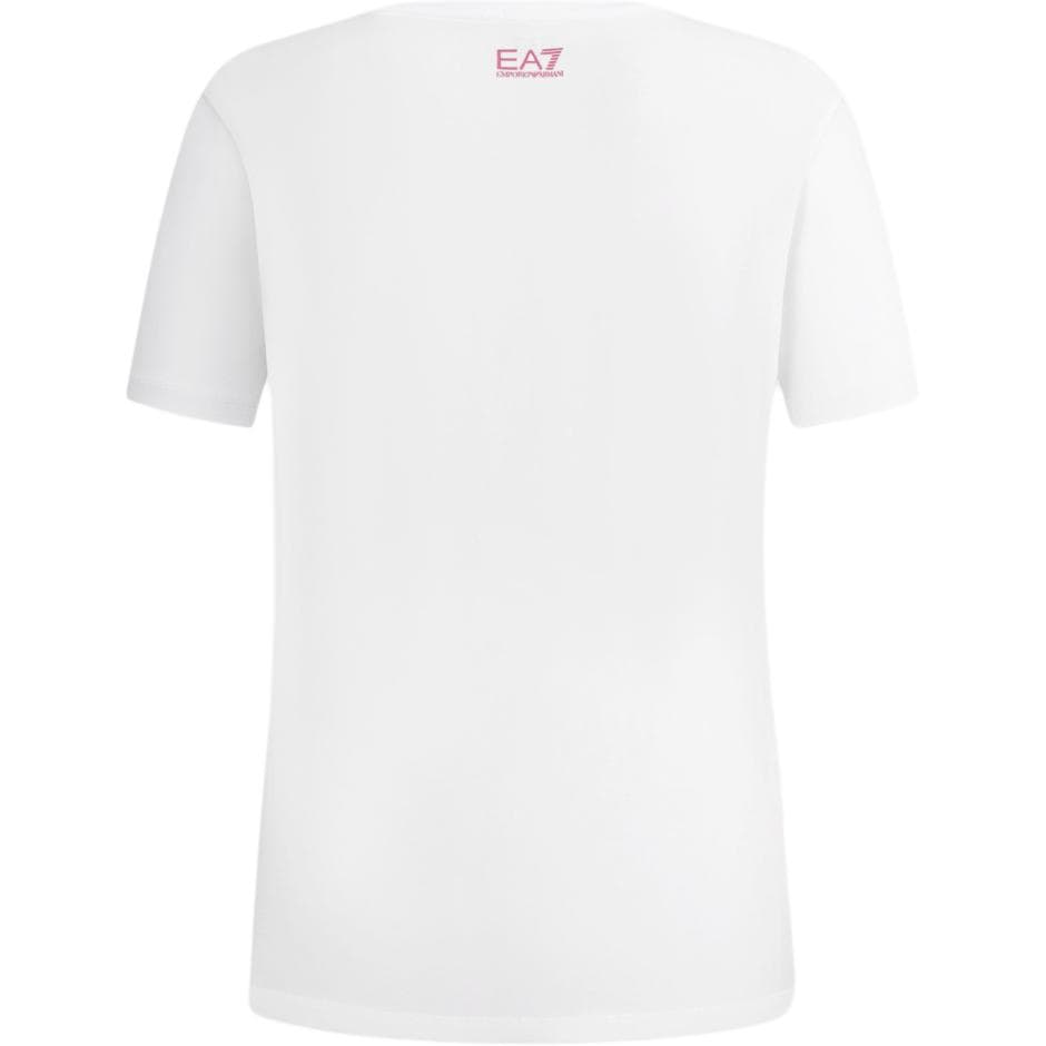 Футболка EMPORIO ARMANI EA7 SS23 Пуловер с круглым вырезом и короткими рукавами белая футболка для женщин с логотипом - изображение 2