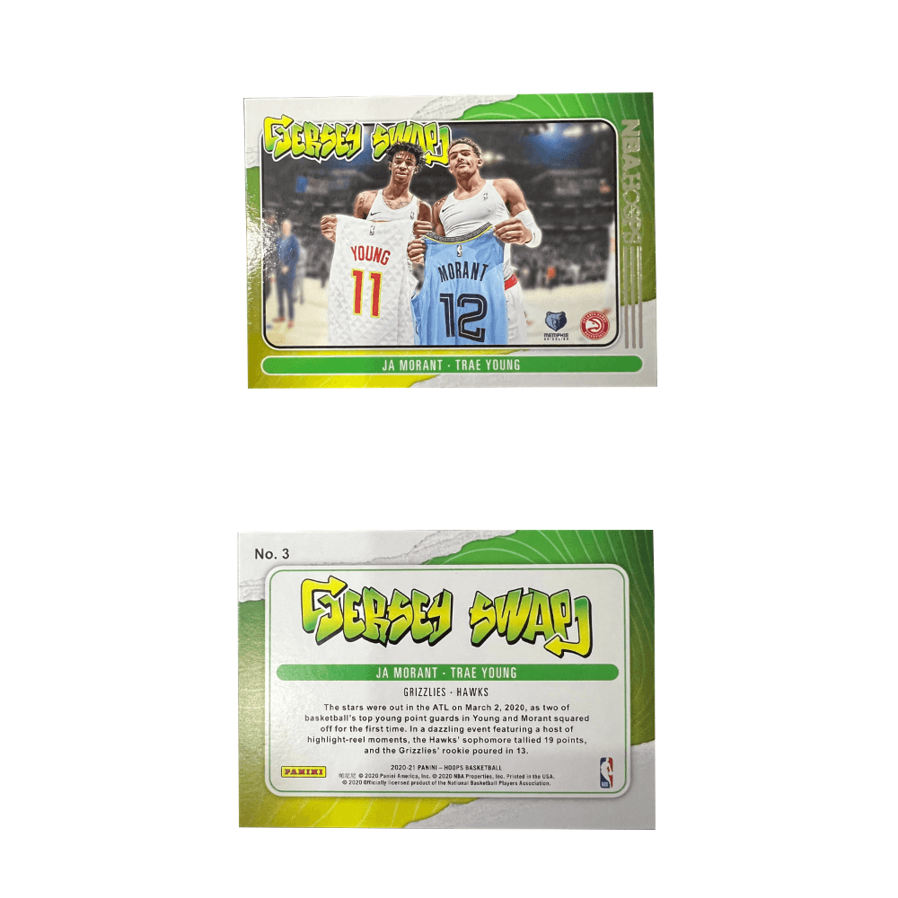 Коллекционные карточки PANINI 2020-21 Баскетбол NBA Мемфис Гриззлис Джа Морант Атланта Хокс Трей Янг Коллекция Hoops Обмен маек на площадке Красивая горизонтальная карта Редкая спортивная карта - изображение 3