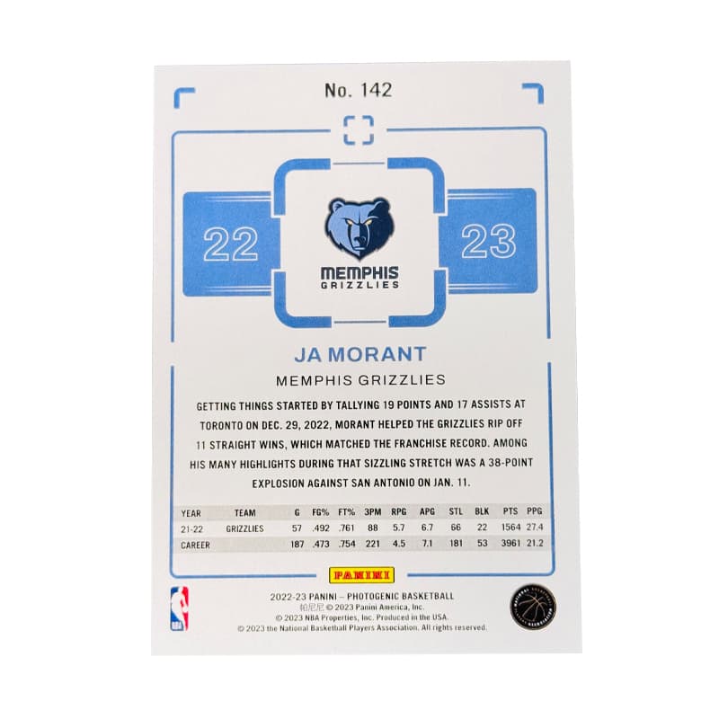 Коллекционные карточки PANINI Да Морант Команда Grizzlies Коллекция On Court Классическая База с Изображением Карты Премиум Условия - изображение 2