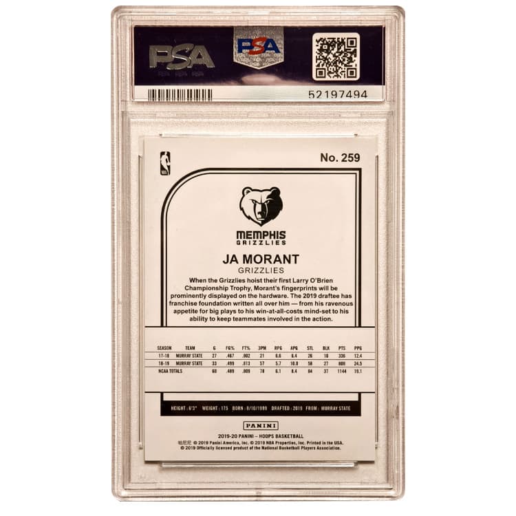 PANINI 2019 Hoops Grizzlies Ja Морант Морант Rc Новые звезды Основа PSA10 Grade Сертифицированные Карты 1 шт - изображение 2