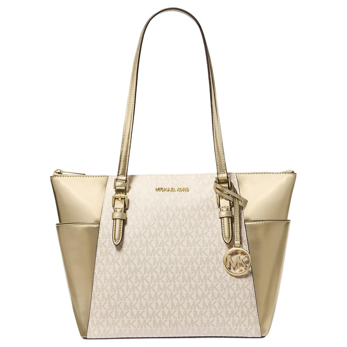 Мини-сумка MICHAEL KORS Charlotte Покрытый холст Тоут Сумка Сумка для покупок Сумка на плечо Большая Женская Светло-золотая - изображение 1