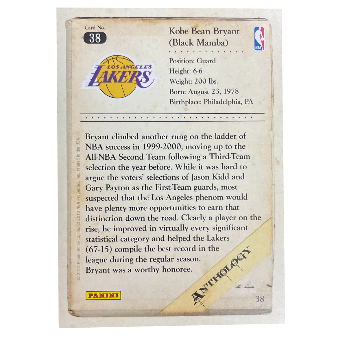 Коллекционные карточки PANINI 2012 Лейкерс Коби Брайант TE'o 38 Количество Спортивных Карт 1 шт - изображение 2