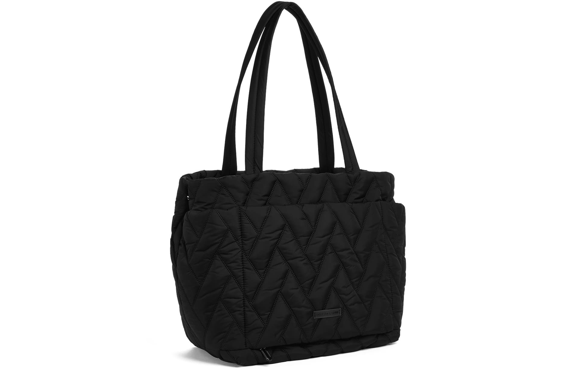 Мини-сумка CHARLES&KEITH Спортивная сумка-тоут большого объема, нейлоновая ткань, сумка через плечо, большой размер, женская, Jet Black/Кремово-молочный белый - изображение 3