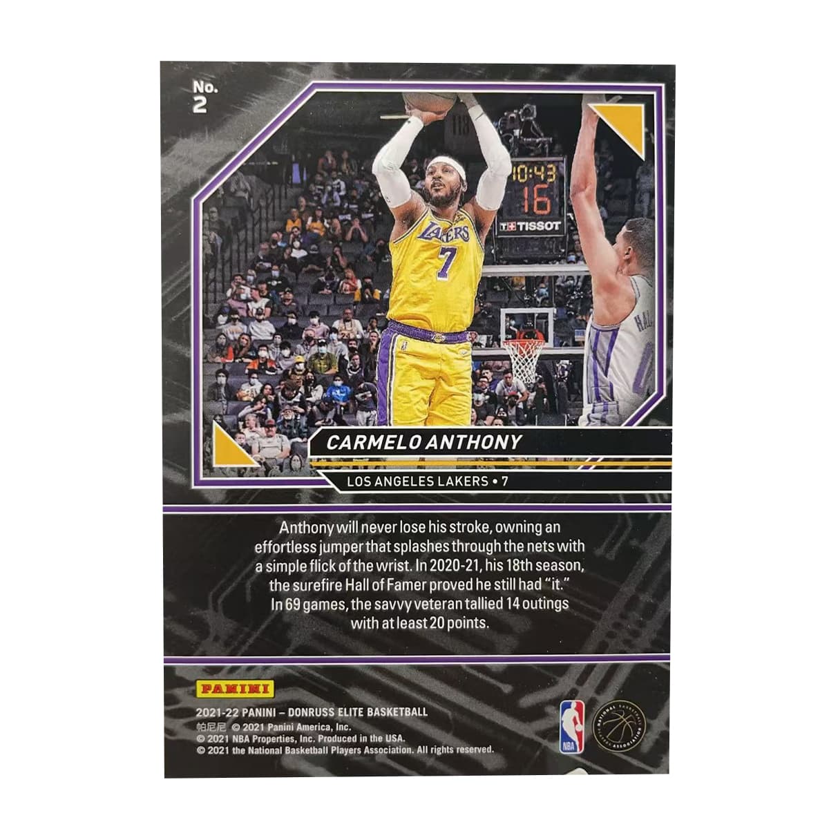 Коллекционные карточки PANINI 2021 22 Лейкерс ЛЕМЕЛО Энтони Дыня Коллекция Elite Тека Классическая коллекция Спортивные карты 1 шт - изображение 2