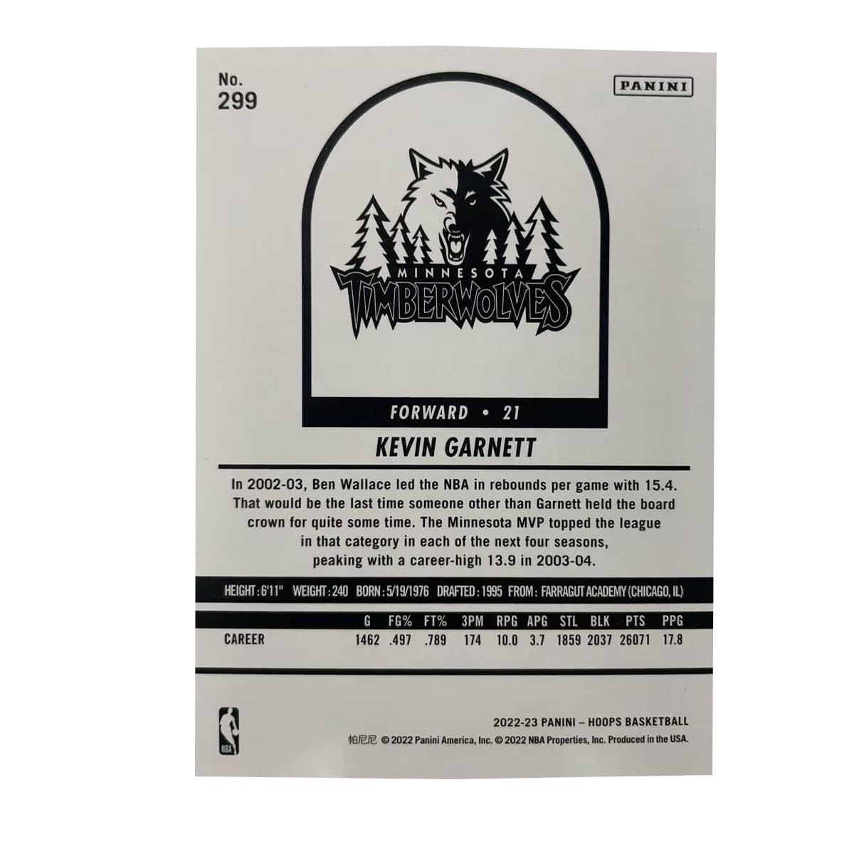 Коллекционные карточки PANINI 2022 23 Тимбервулвз Кевин Гарнетт Коллекция Hoops Волчий Король Teka Классическая коллекция Спортивные карты 1 шт - изображение 2
