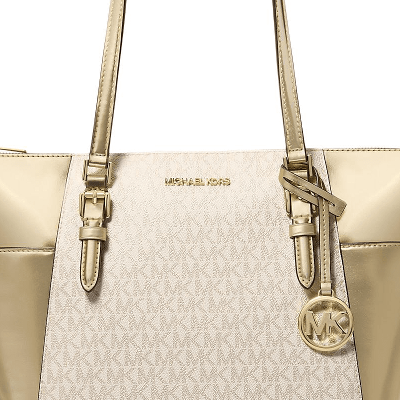 Мини-сумка MICHAEL KORS Charlotte Покрытый холст Тоут Сумка Сумка для покупок Сумка на плечо Большая Женская Светло-золотая - изображение 3