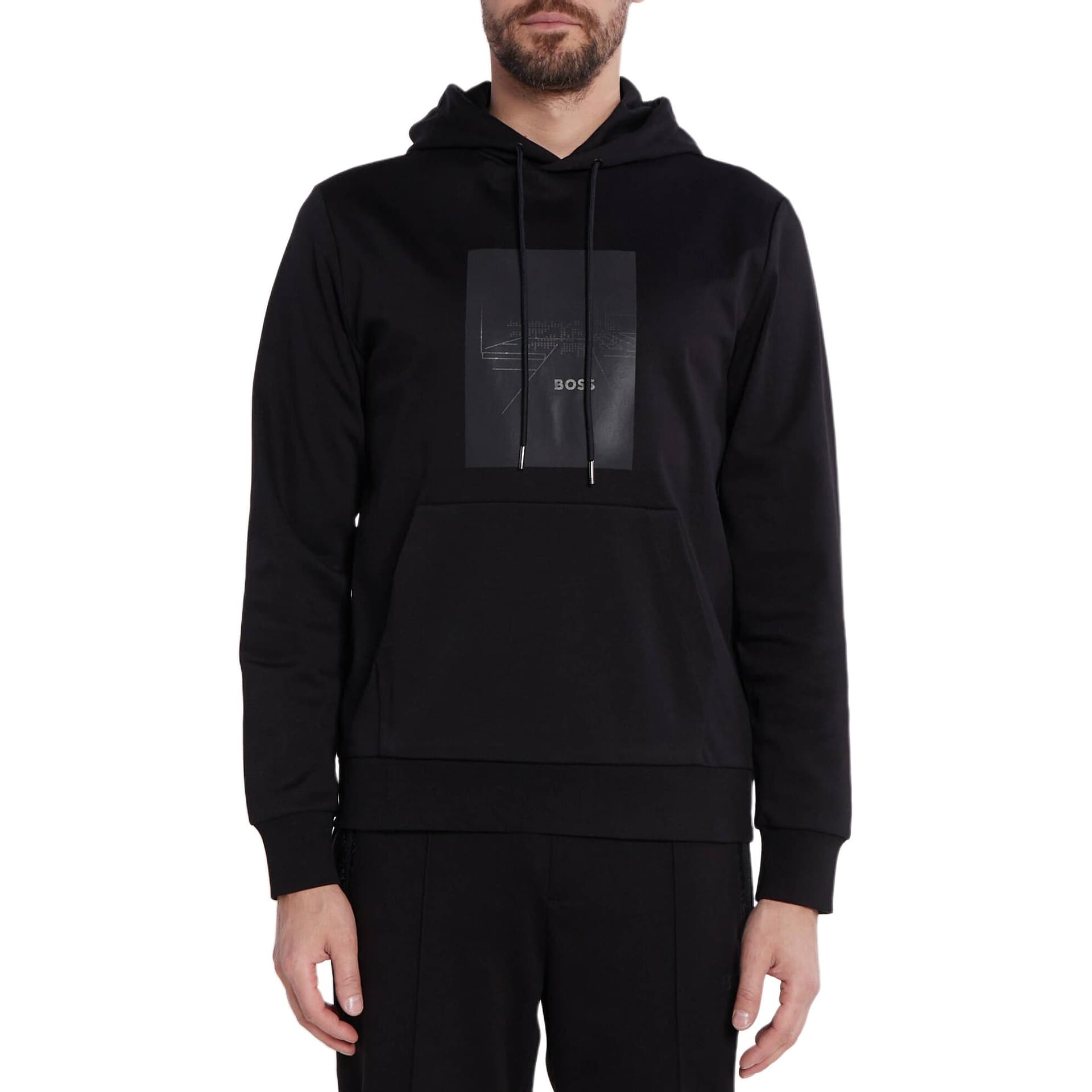 Худи HUGO BOSS SS24 Мужская черная толстовка с капюшоном и шнурком - изображение 1