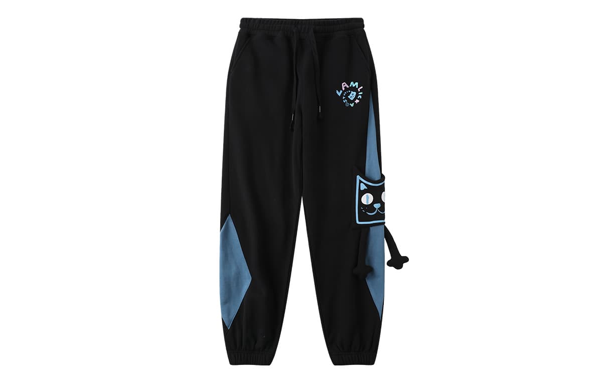 Штаны LAMLICKA Пэчворк с флисовой подкладкой эластичный манжет узор с мультфильма животными повседневные штаны унисекс черный - изображение 1