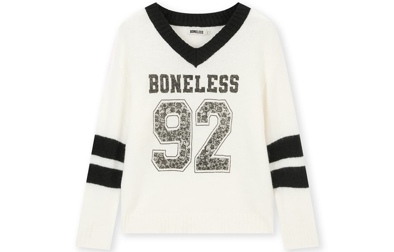 Кардиган BONELESS Свободный покрой V-образный вырез минималистичный контрастные цвета логотип универсальный длинный рукав непринужденный стиль преппи стиль свитер женский бежевый - изображение 1