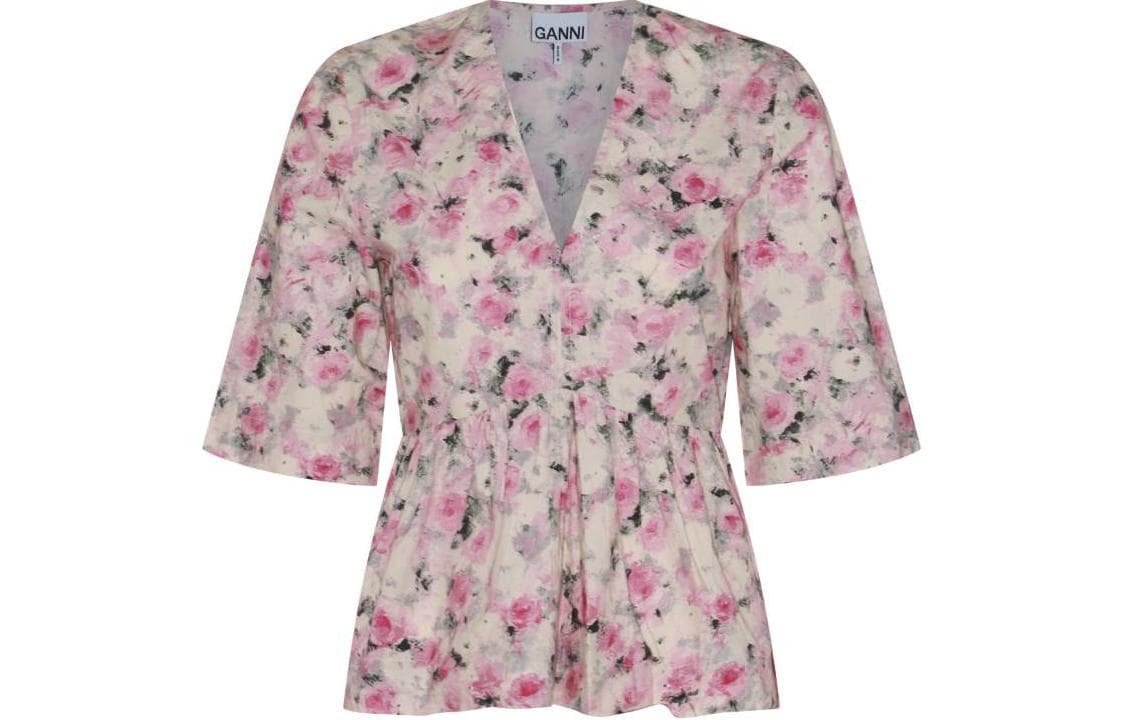 Блузка GANNI Printed Cotton V-Neck Peplum Blouse V - изображение 1