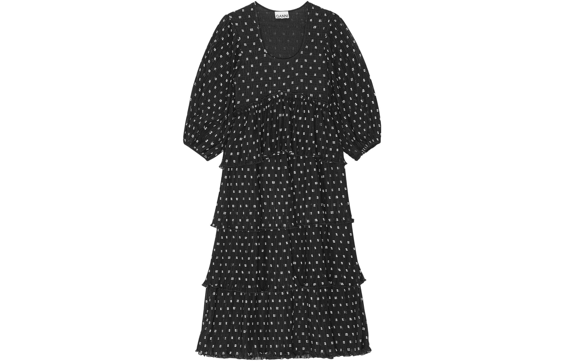 Платье GANNI Black Pleated Georgette Flounce Smock Midi Dress - изображение 1