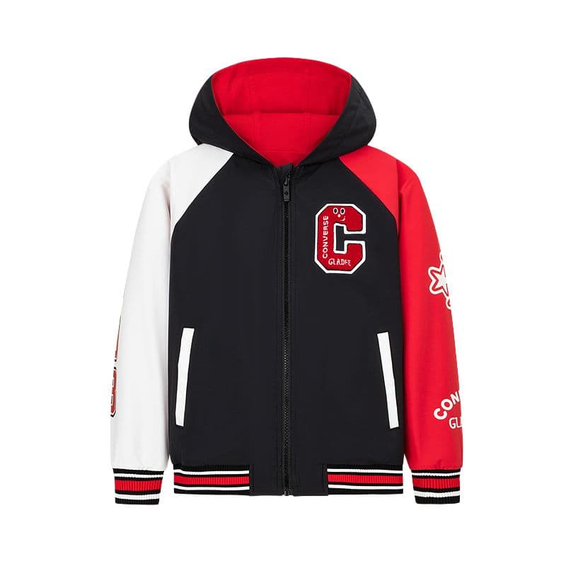 Converse x GLADEE Совместная коллекция Пуховик CNY Новогодняя серия All Star Повседневный Молния Буква С капюшоном Длинный рукав Глубокий черный Дети в возрасте от 3 до 7 лет - изображение 1