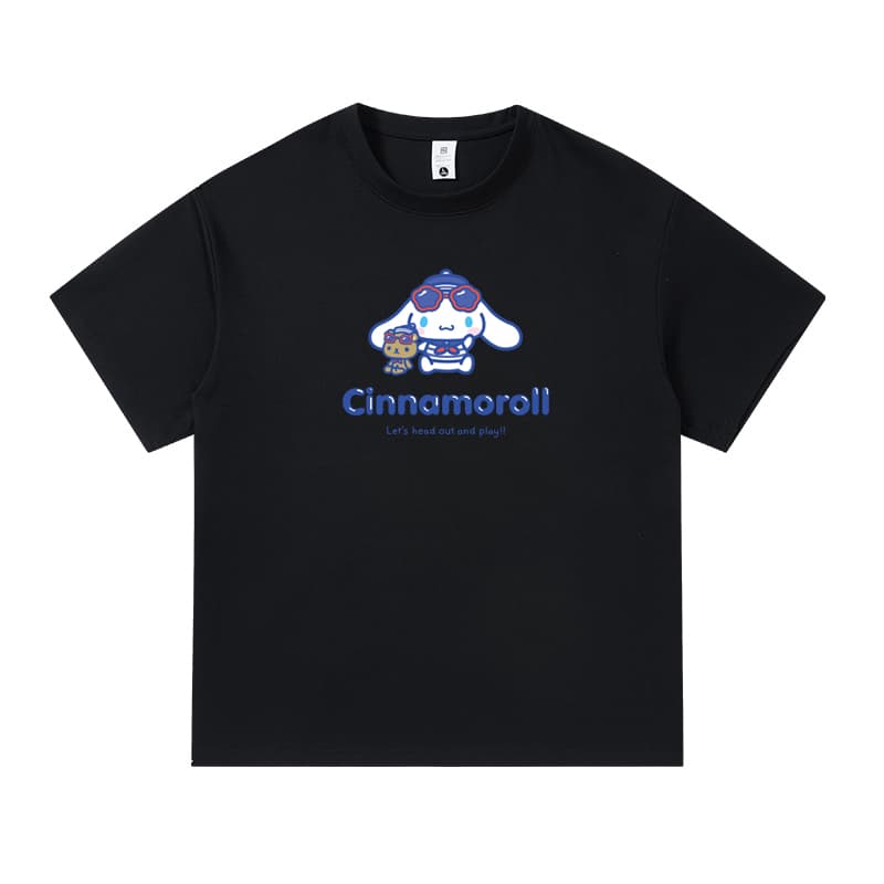 Футболка Sanrio x CINNAMOROLL Совместная коллекция Cinnamonroll Мультяшный рисунок Принт с буквами Американский Плотный Круглый вырез Свободный покрой Повседневный Спорт Спущенное плечо Короткий рукав Унисекс Белый - изображение 1