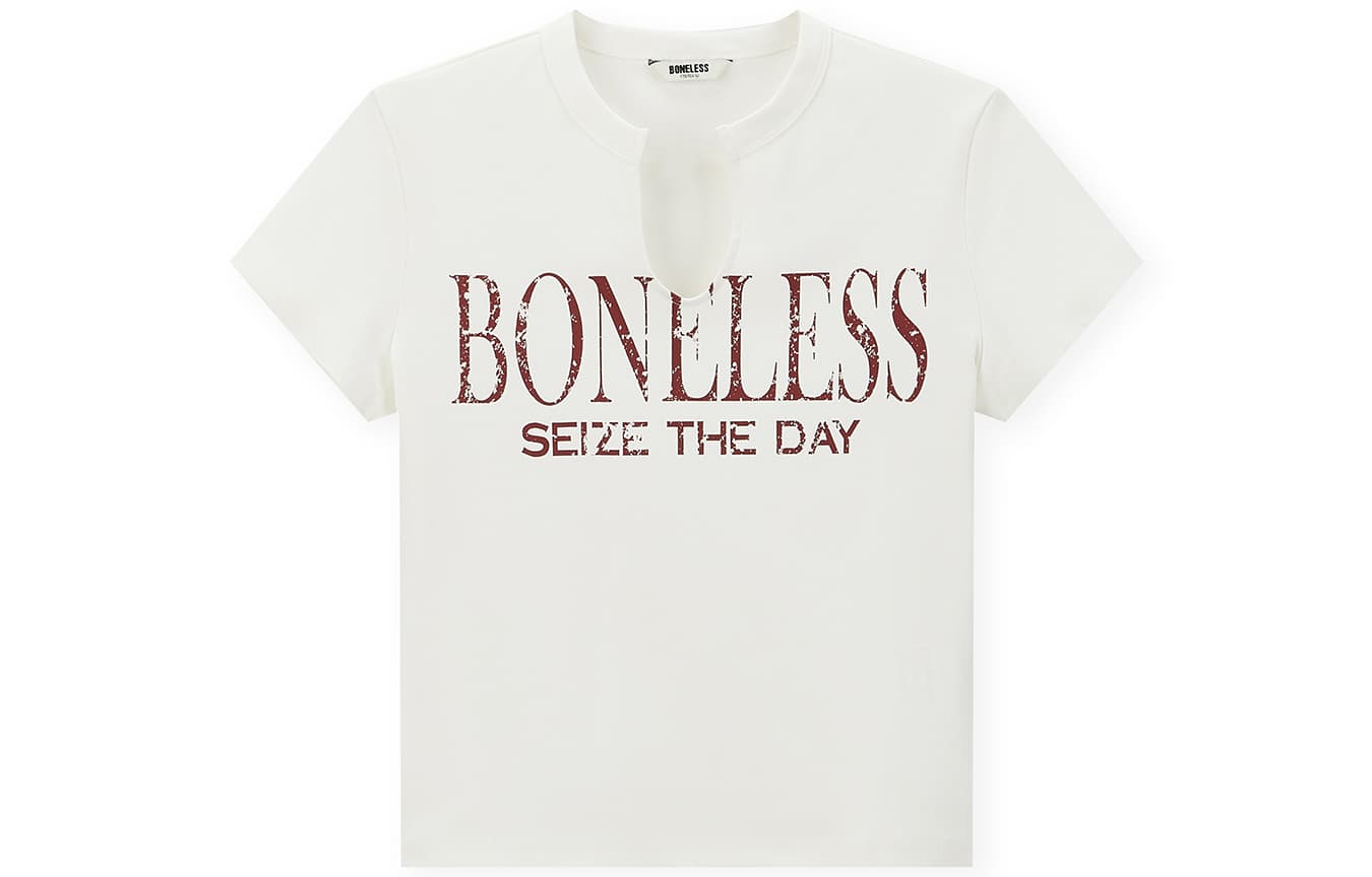 Футболка BONELESS Приталенный крой U-образный вырез винтажный принт минималистичный универсальный стройнящий летний контрастные цвета короткий рукав футболка женская - изображение 1