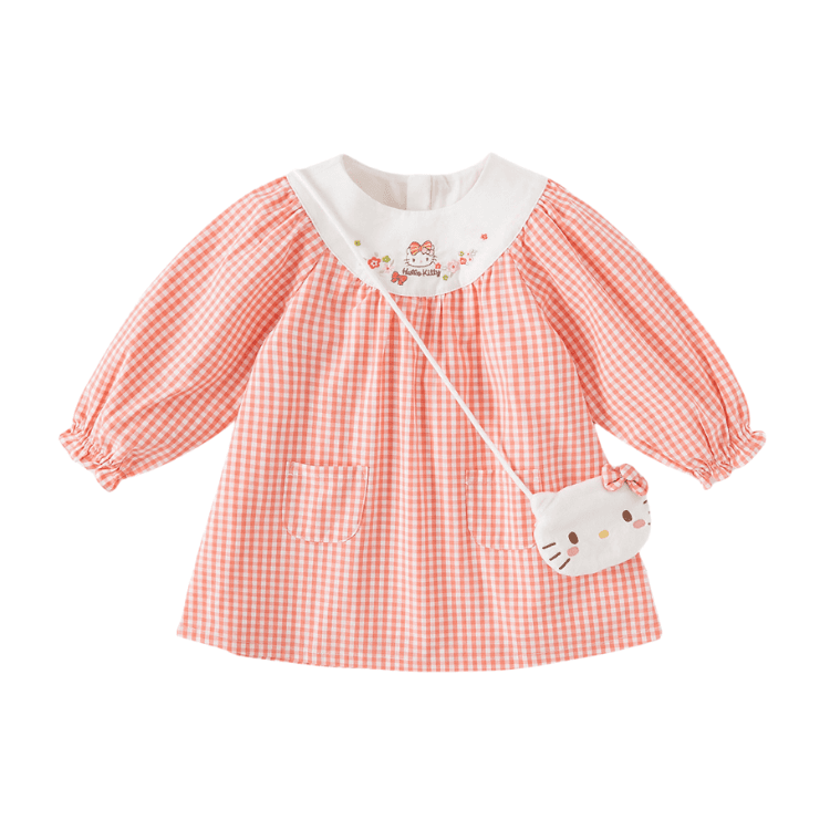 DAVE&BELLA x Sanrio Kuromi Совместная коллекция x Hello Kitty Совместная коллекция платье Удобный Универсальный Мягкий Безопасный для кожи Длинный рукав Стиль принцессы Розово-белая клетка Младенцы - изображение 1