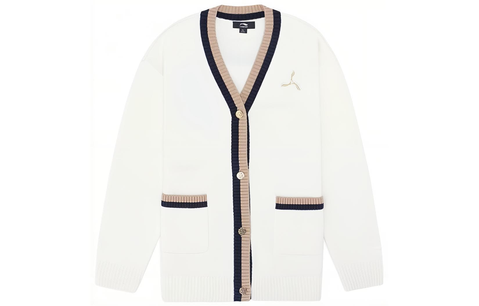 Кофта LI-NING 1990 Classic Series Однотонный Вышивка Однобортный Пуловер Трикотаж Женский Экрю - изображение 1