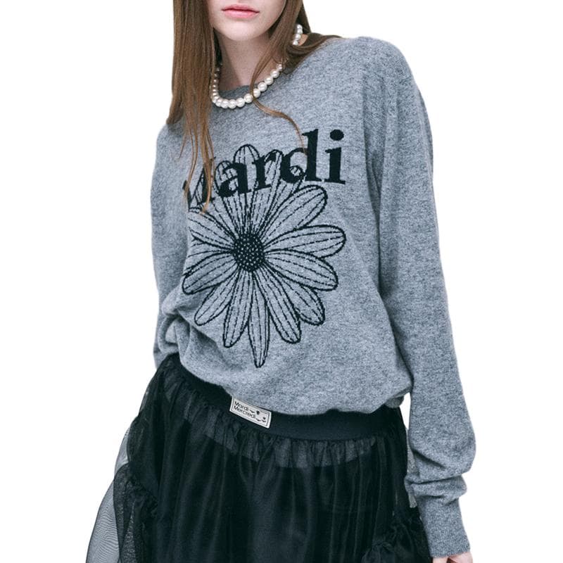 Кардиган MARDI MERCREDI FW24 Плюшевый с круглым вырезом узор кольца серый и черный свитер корейский стиль женский - изображение 1
