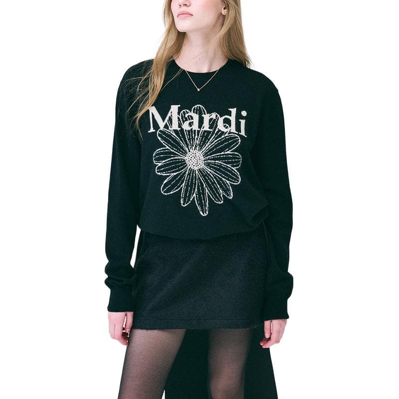 Кардиган MARDI MERCREDI FW24 Плюшевый свитер с круглым вырезом узор "кольцо" цвет FLOWERMARDI черный кремовый корейский стиль - изображение 1