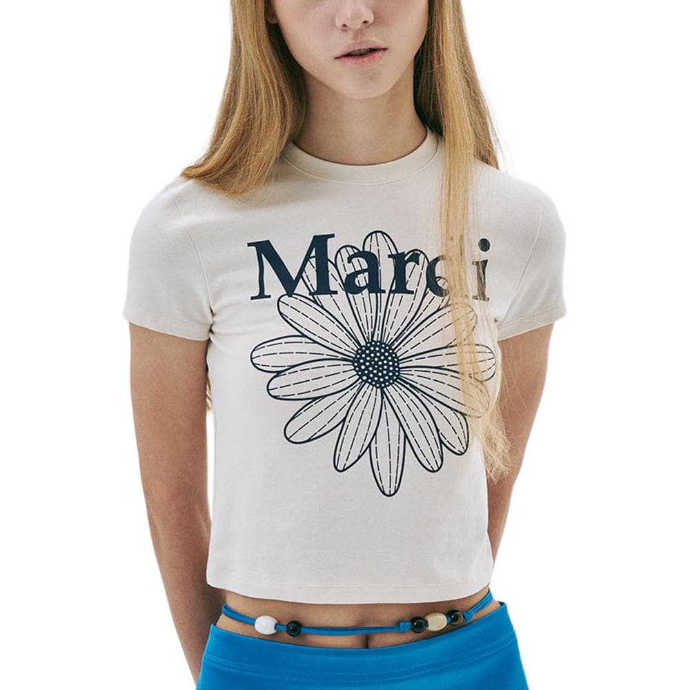 MARDI MERCREDI SS25 Укороченная футболка FLOWERMARDI с кремовой текстурой темно-синий синий топ корейский стиль женский - изображение 1