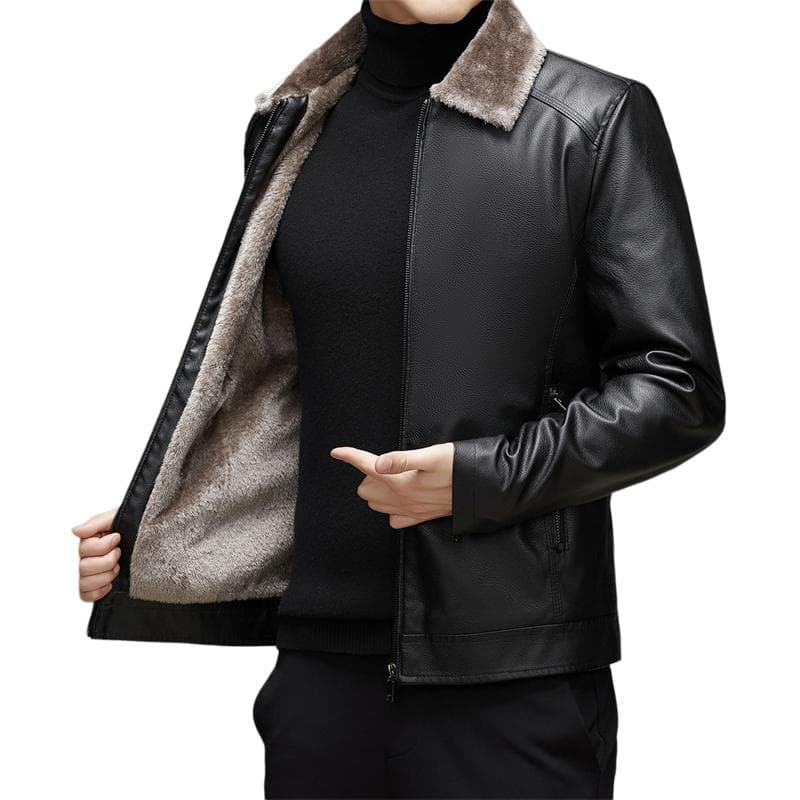 Кожаная куртки PIERRE CARDIN Утолщенный и с флисовой подкладкой однотонный откладной воротник стиль для мужчин защита от холода - изображение 2
