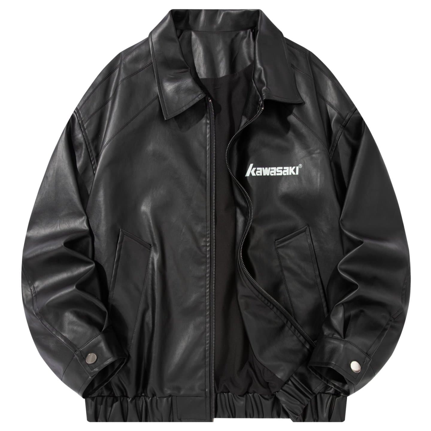 Куртка Kawasaki Американский мотоциклетный стиль минималистичный однотонный базовый с буквами бренда логотип отложной воротник рабочая одежда реглан молния повседневный отложной воротник PU кожаная куртка верхняя одежда унисекс - изображение 1